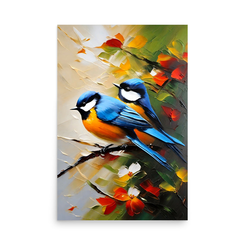 Two beautiful blue birds with vibrant orange, perched on branches and blossoming flowers.