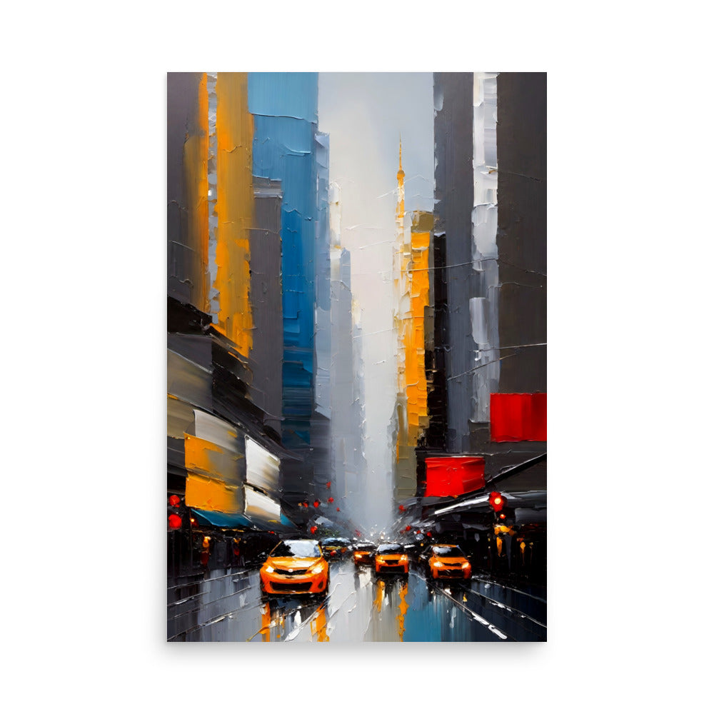 An urban cityscape painting, of yellow taxis and towering buildings.