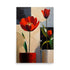 Painting of red tulips in thick brushstrokes showing contrast and vibrancy.