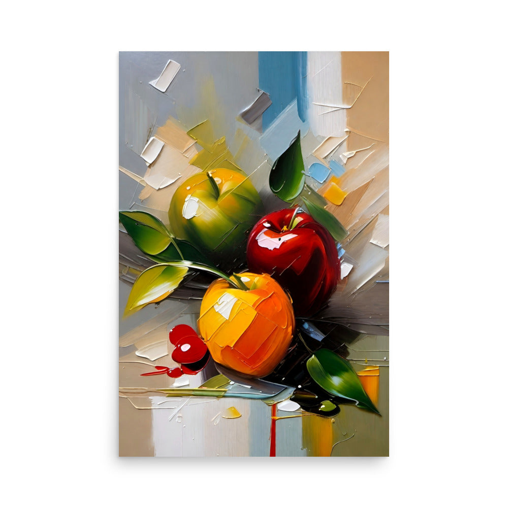 A still life of fruit with exaggerated brush strokes giving it a dynamic feel.