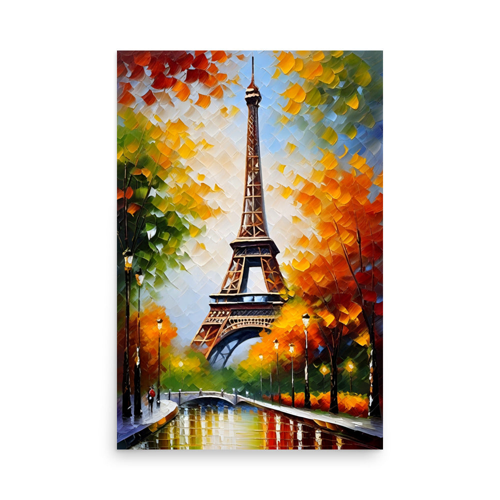 The Eiffel Tower painted near trees and colorful autumn leaves.