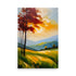 A peaceful landscape painting with slender trees and a calm sunset.