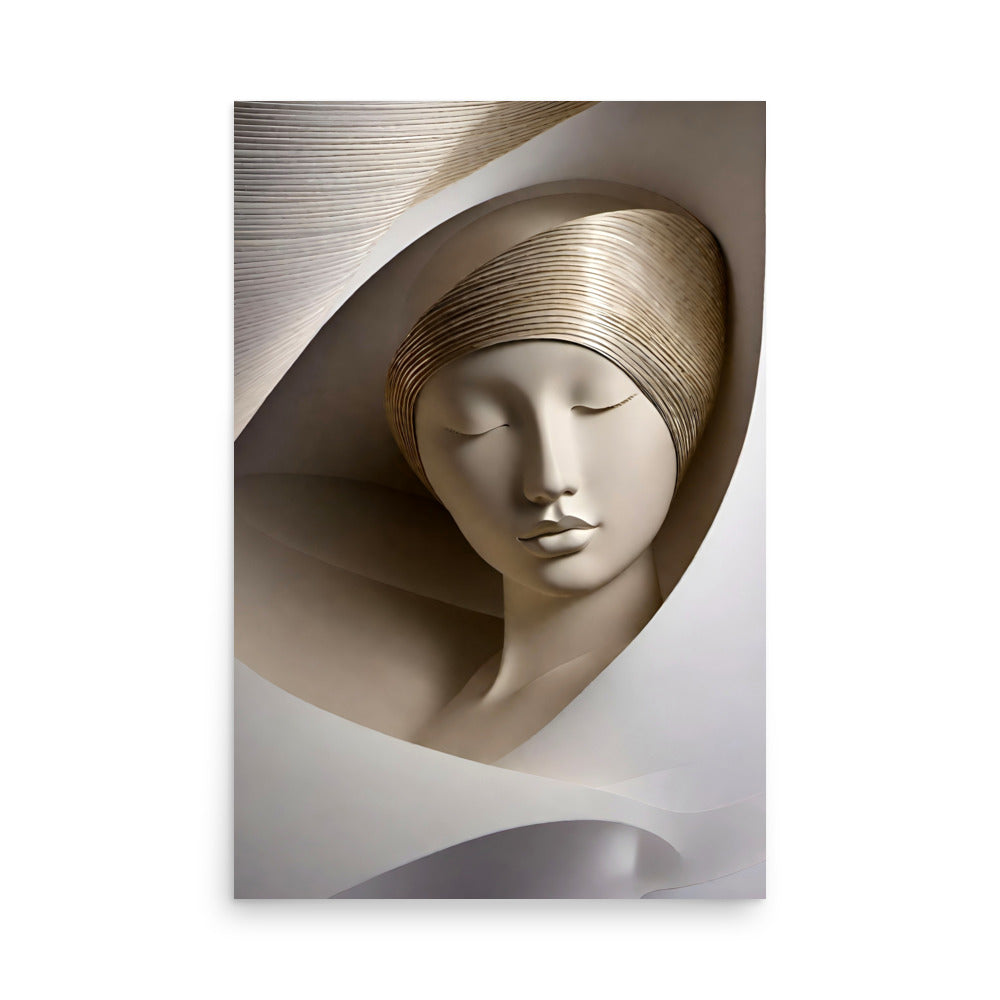 A sculptured woman's face with flowing lines with smooth surfaces.