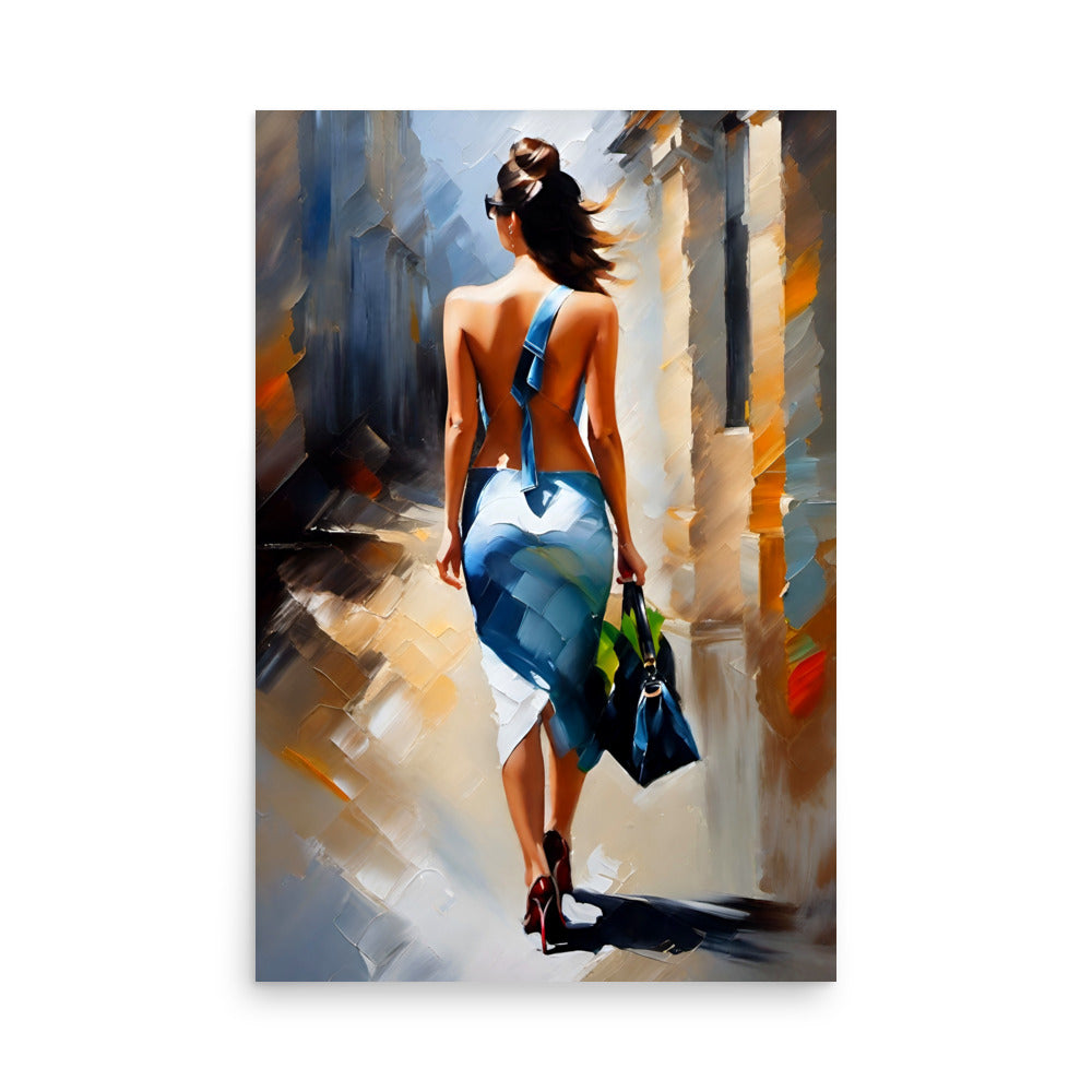 A sunlit woman with a blue dress, walks away with her figure casting a shadow.
