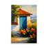A tiny house with a blue door, a terracotta roof and colorful flowers.