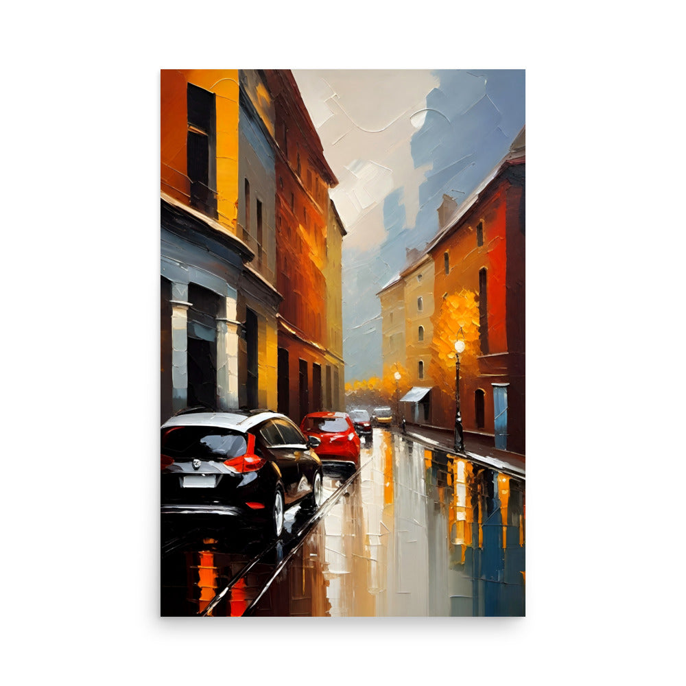 A vivid city street painting with saturated colors on reflective wet surface.