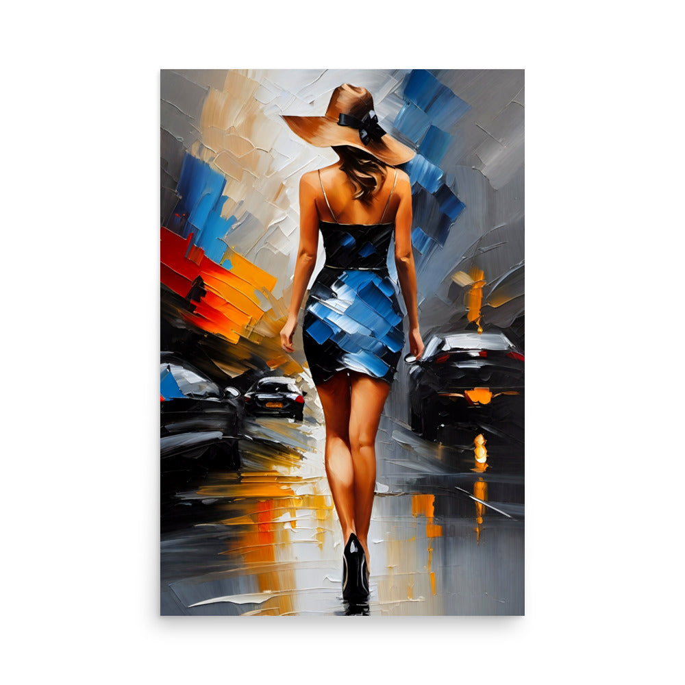 Woman in black dress strides confidently. Surrounded by colorful cityscape blur, abstract form radiates vibrant energy. Painting exudes dynamic atmosphere.