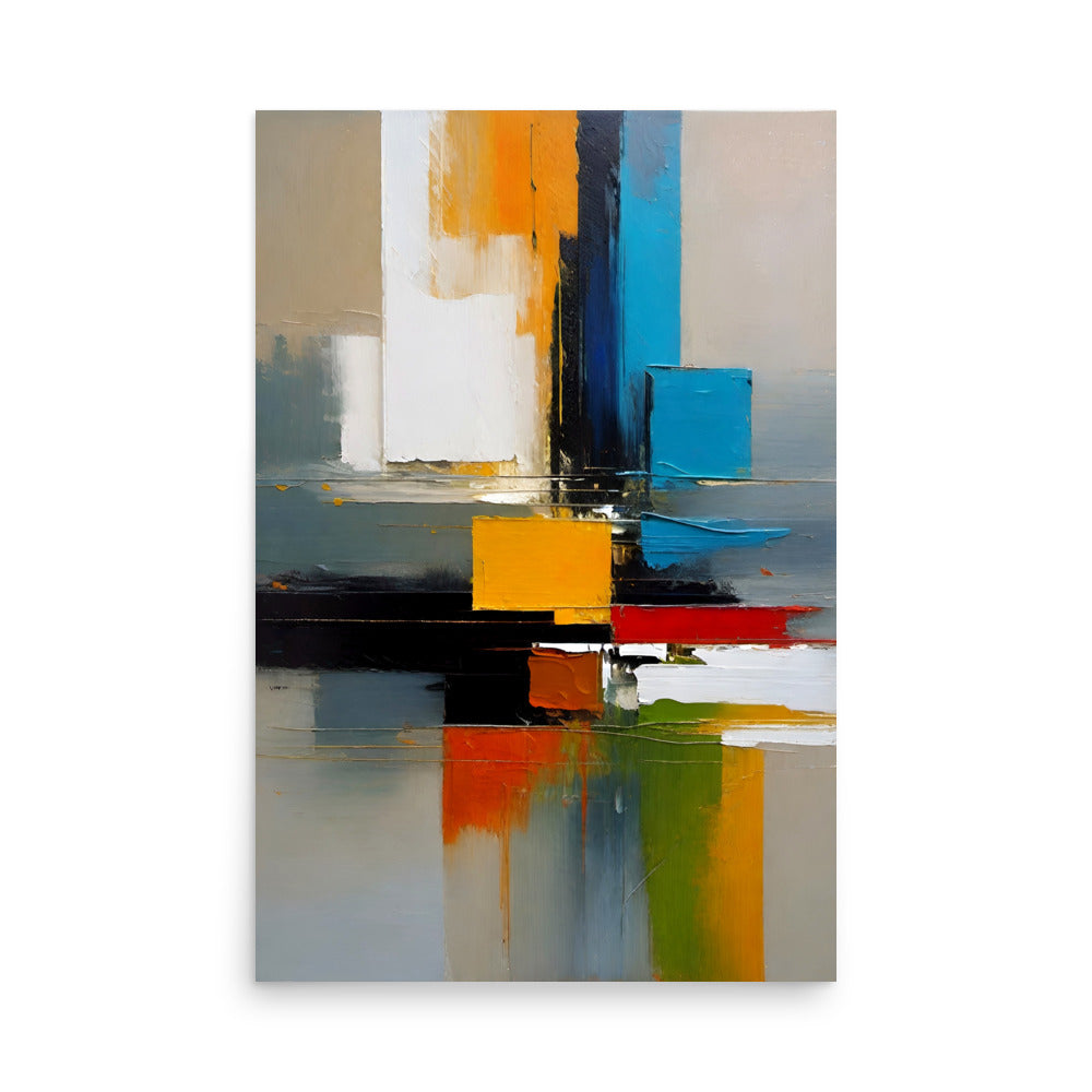 Abstract painting with geometric shapes and colors, a bold colorful and thickly painted art.