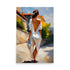 A backless white dress on a woman walking away, in the sunlight.