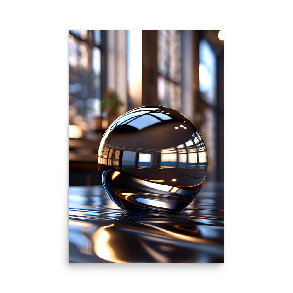 A beautiful glass sphere reflecting on a shiny surface with nice depth.