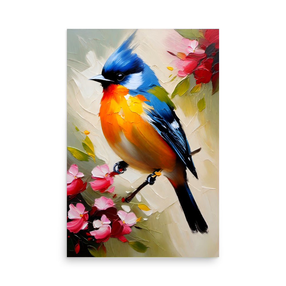 A brightly colored bird on a branch with pink blooms, a three dimensional feel.