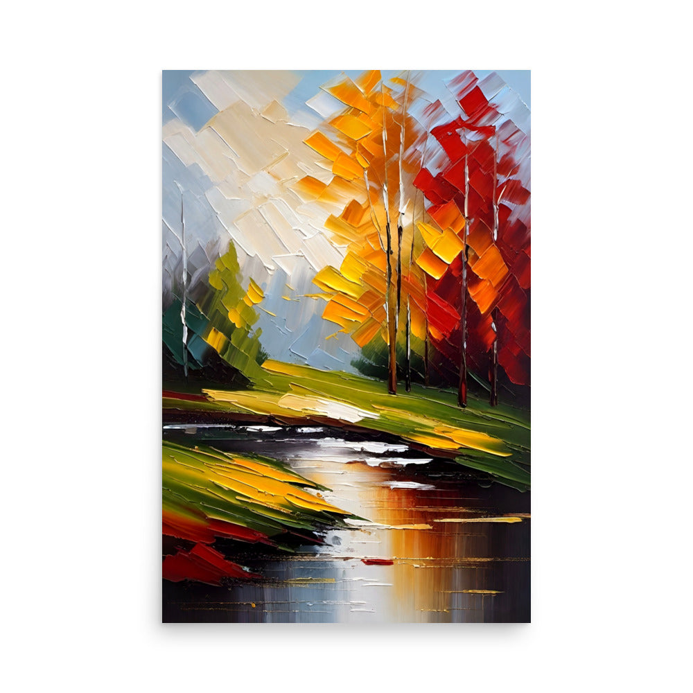 A painting of Autumn trees with dynamic brushstrokes and contrasting colors.
