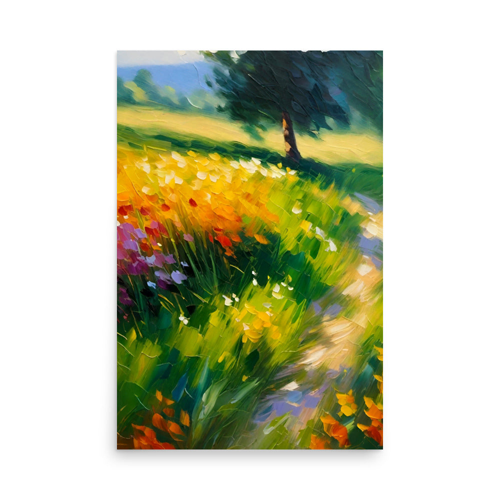 A colorful field of wildflowers painted with bold brushstrokes.