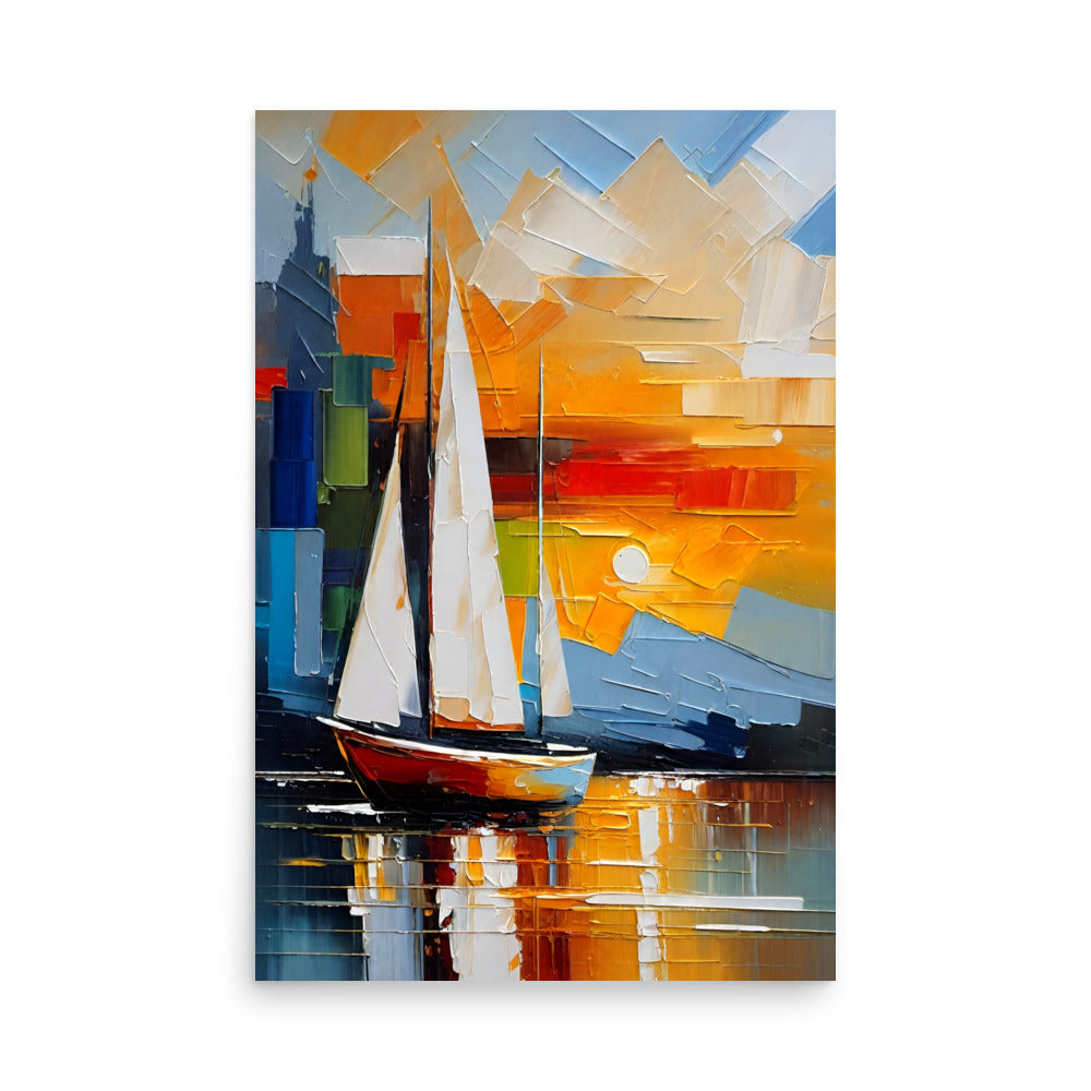 A sailboat on calm waters at sunset, painted with thick palette knife painting style.