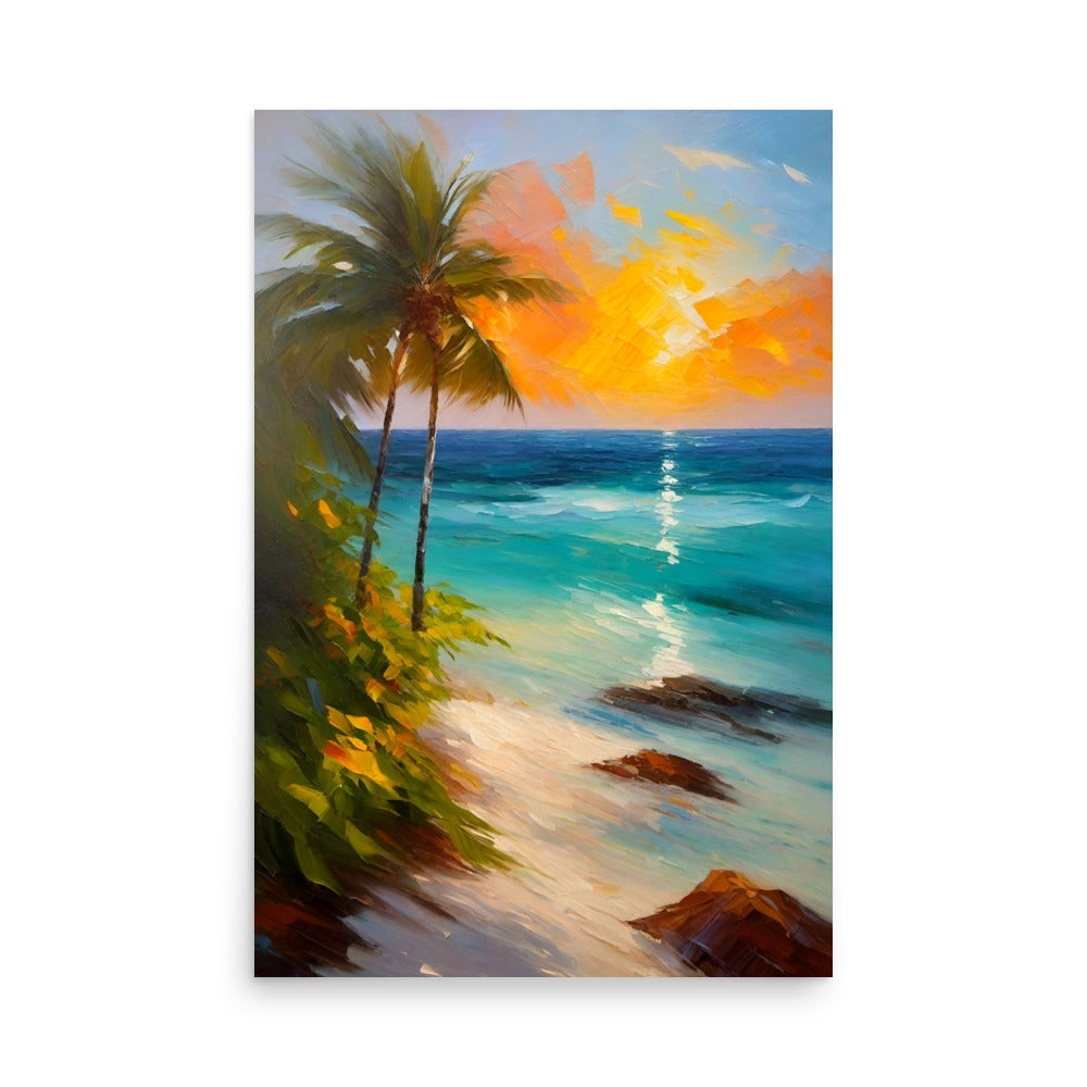 A golden sunset is casting a radiant glow over the beautiful painted palm trees.