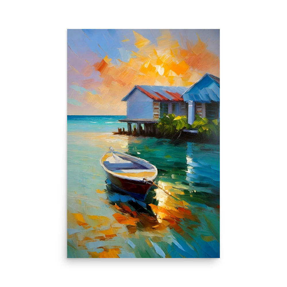 An ocean sunset painting of a boat reflecting on the calm sea.
