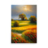 A cloud filled sunset painting with yellow flowers that are lit by the sun.
