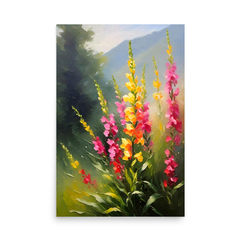 A floral oil painting with beautiful yellow and pink snapdragons, done in broad brush strokes.