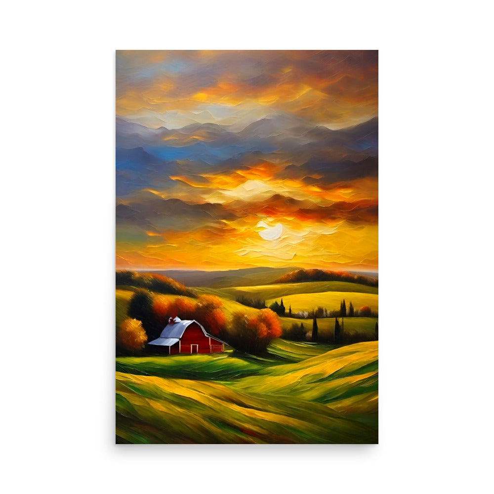 Golden fields surround rustic barn. Autumn trees frame vibrant sunset sky. Swirling clouds have brushstroke movement. Peaceful ambiance savors nature's beauty.