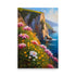 A seascape painting with tall coastal cliffs and flowers along the hillside.