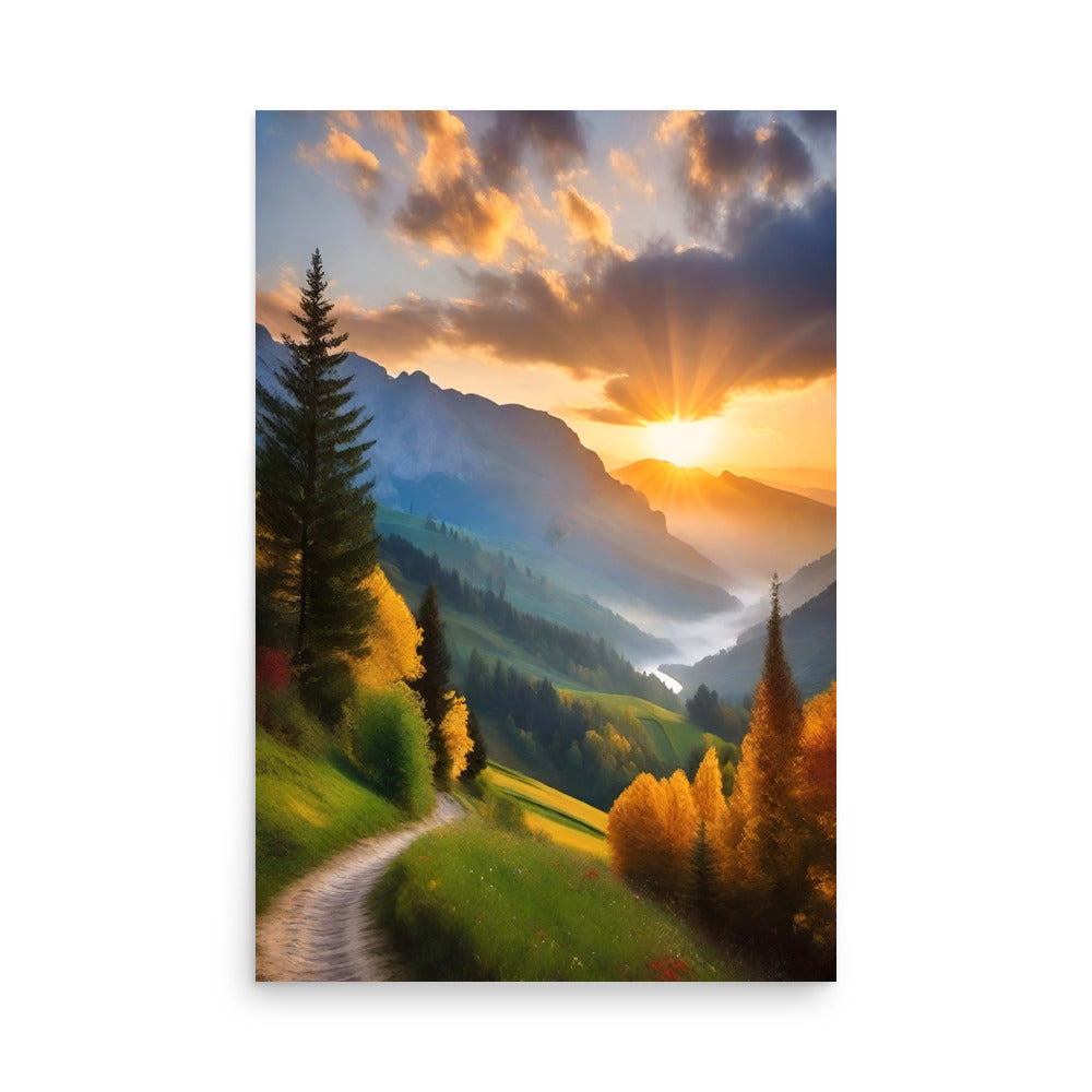 An amazing sunset painting with sunbeams shining over the colorful mountainous landscape.