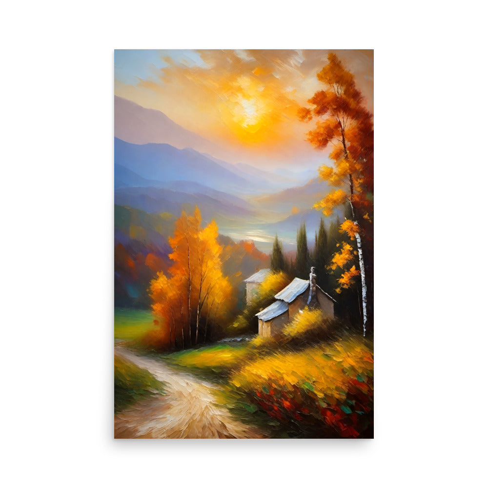 The winding dirt road, golden leaves surround. Rustic cabin nestles in autumn's vibrant hues. Distant mountains basked in sunset's tranquil glow.