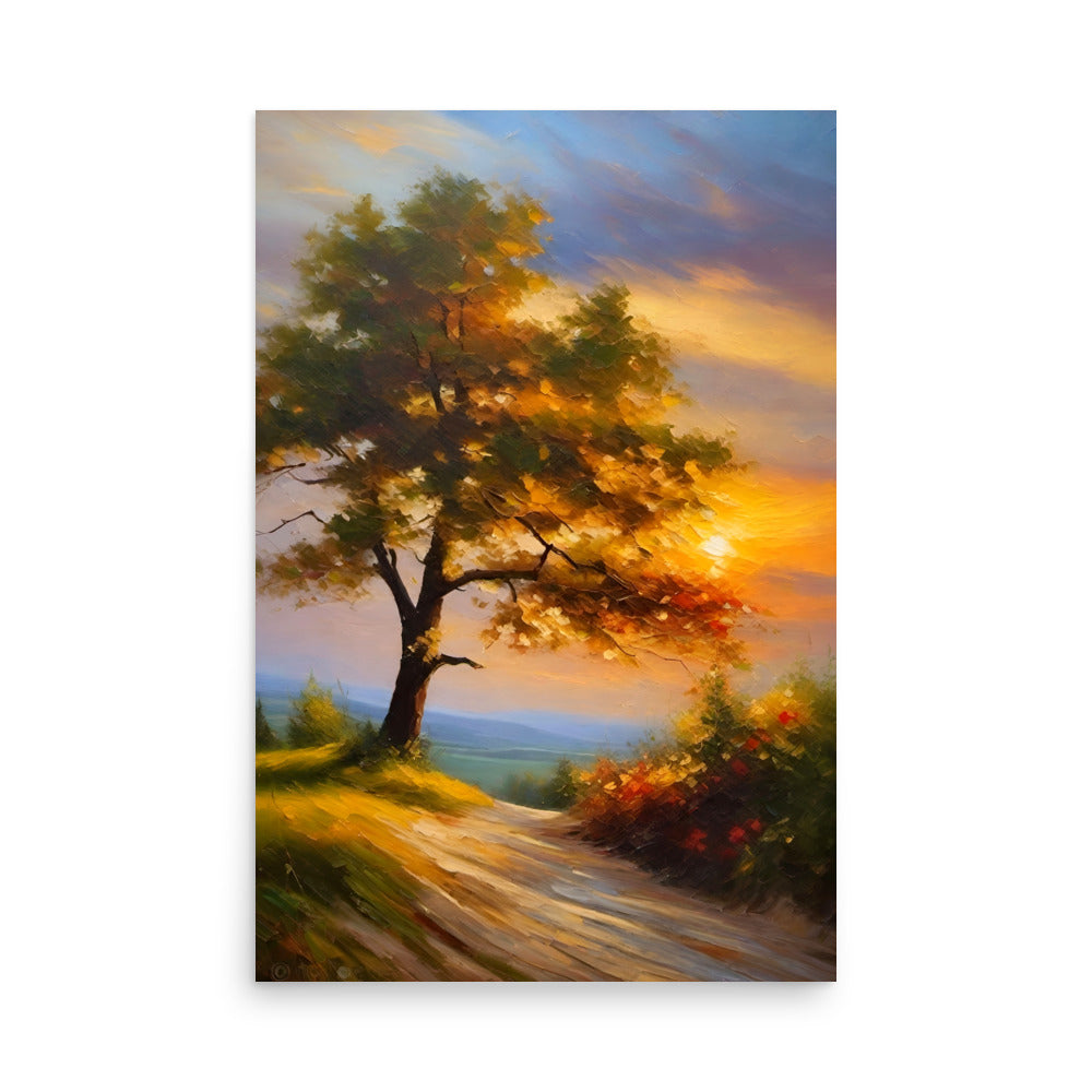 Painting with a landscape sunset behind a beautiful oak tree and pathway.