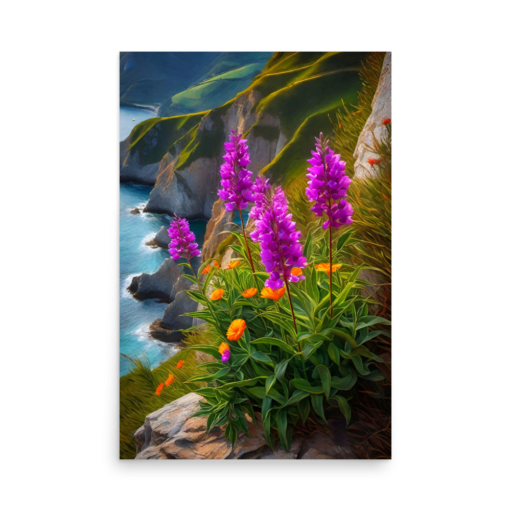 Purple snapdragons on a coastal cliff with contrasting orange flowers, with a serene ocean.