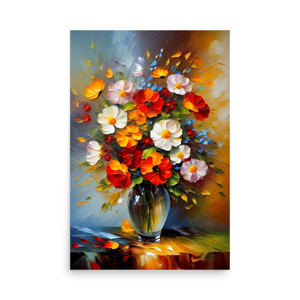 Vase full of colorful flowers with bright reds and yellows, and vivid white blooms.