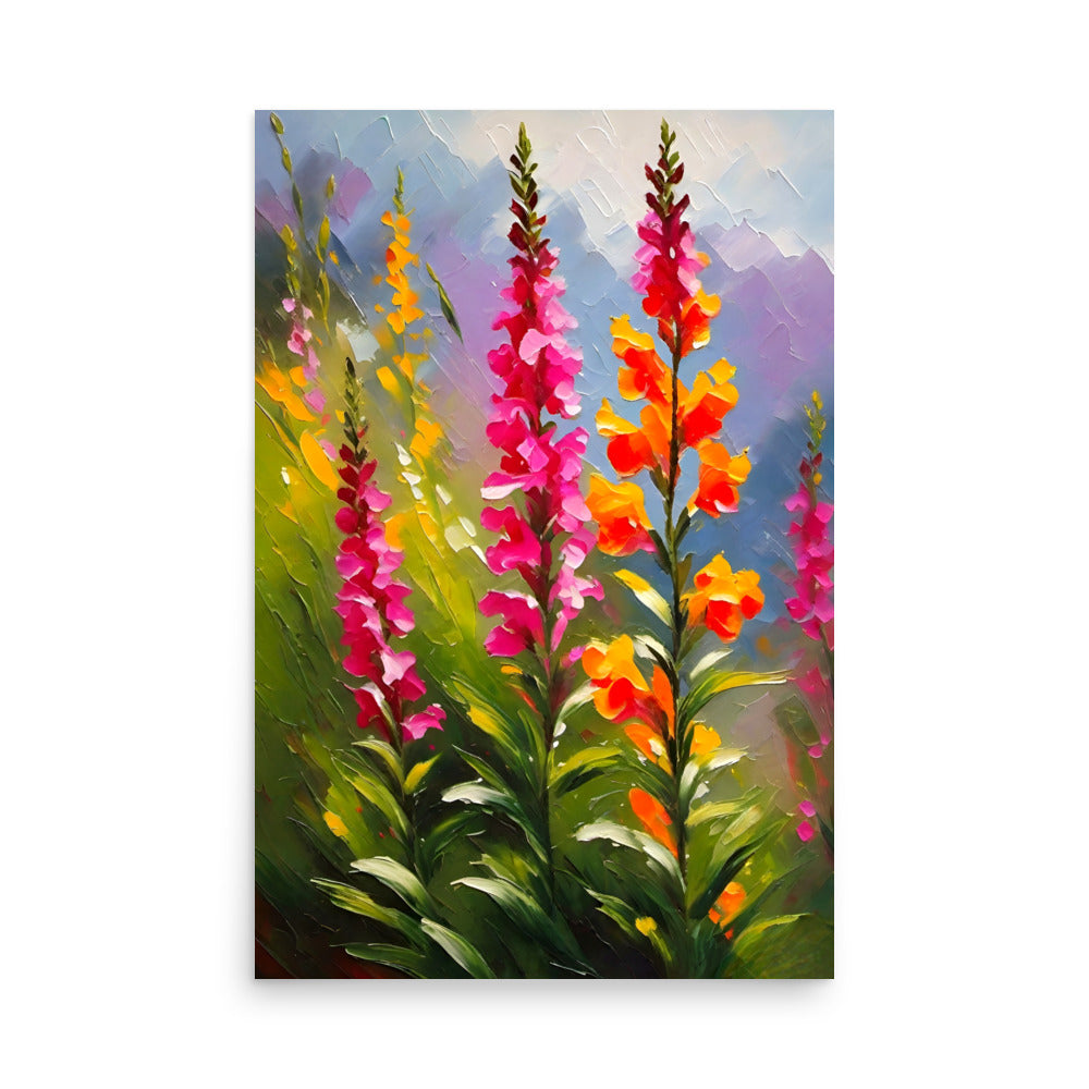 Vivid oil painting of snapdragons in bloom, with petals in shades of pink and orange.