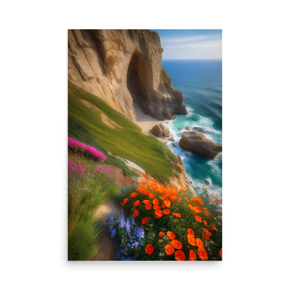 A picturesque painting with ocean cliffs and colorful wildflowers growing in blue and orange.