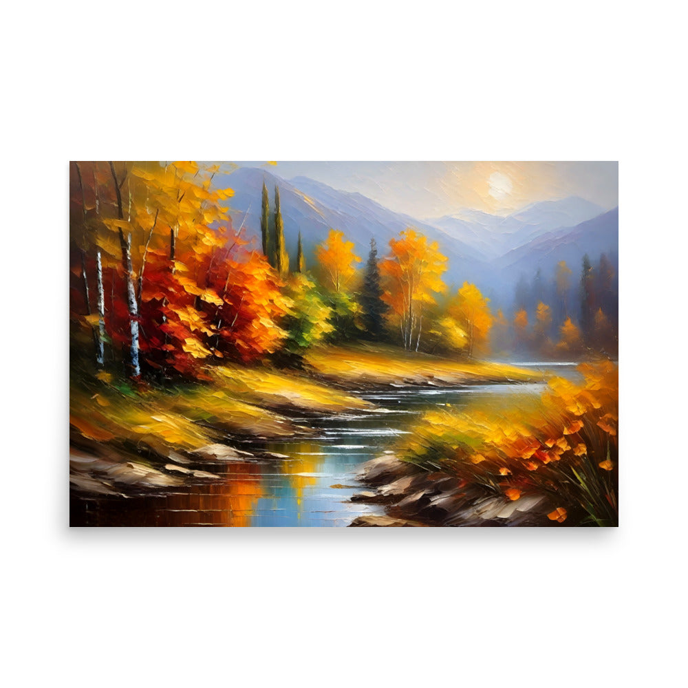 Red, orange, yellow leaves adorn trees. A river winds through vibrant autumn scenery. Reflections shimmer on the water's surface.