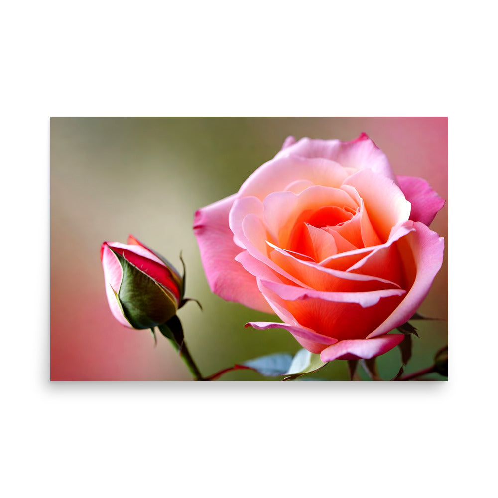 A blooming pink rose and little rose bud, done in a close-up photo style.