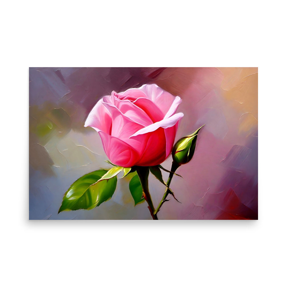 A pink rose with a 3D effect, and textured painting style and colorful abstract background.