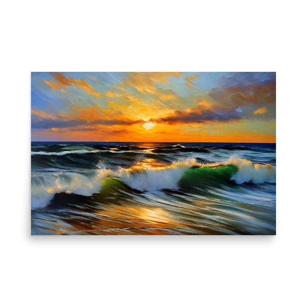 A stunning ocean sunset painting with bold colorfully painted strokes with curling waves