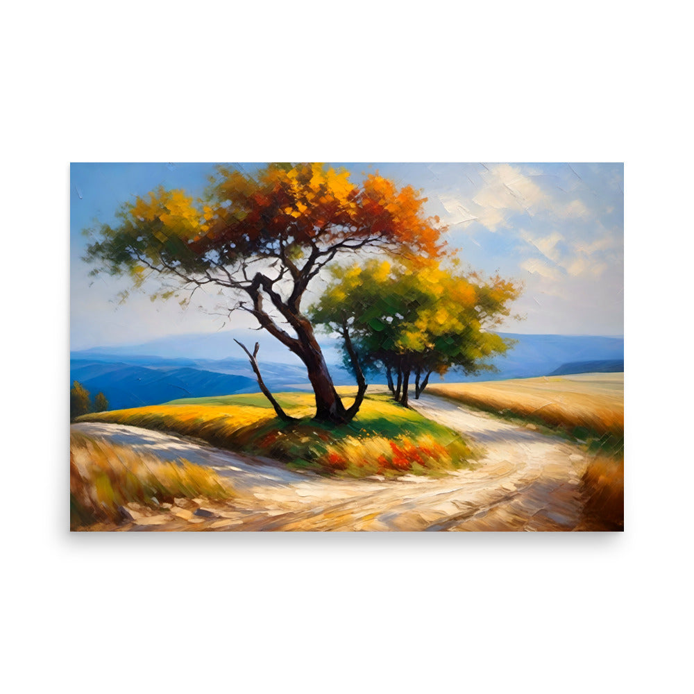 A unique landscape painting bursting with character, a lone tree with a sunlit dirt road.