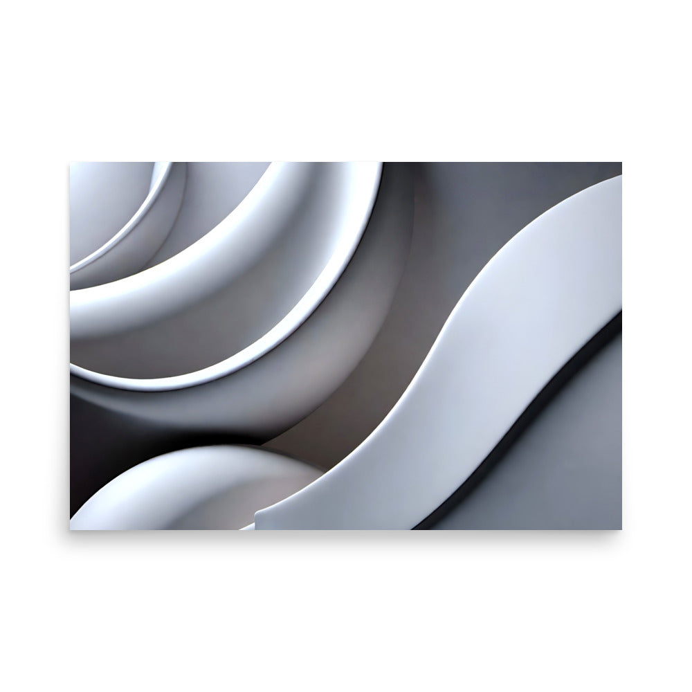 An abstract black and white design, with smooth and curvy white shapes.
