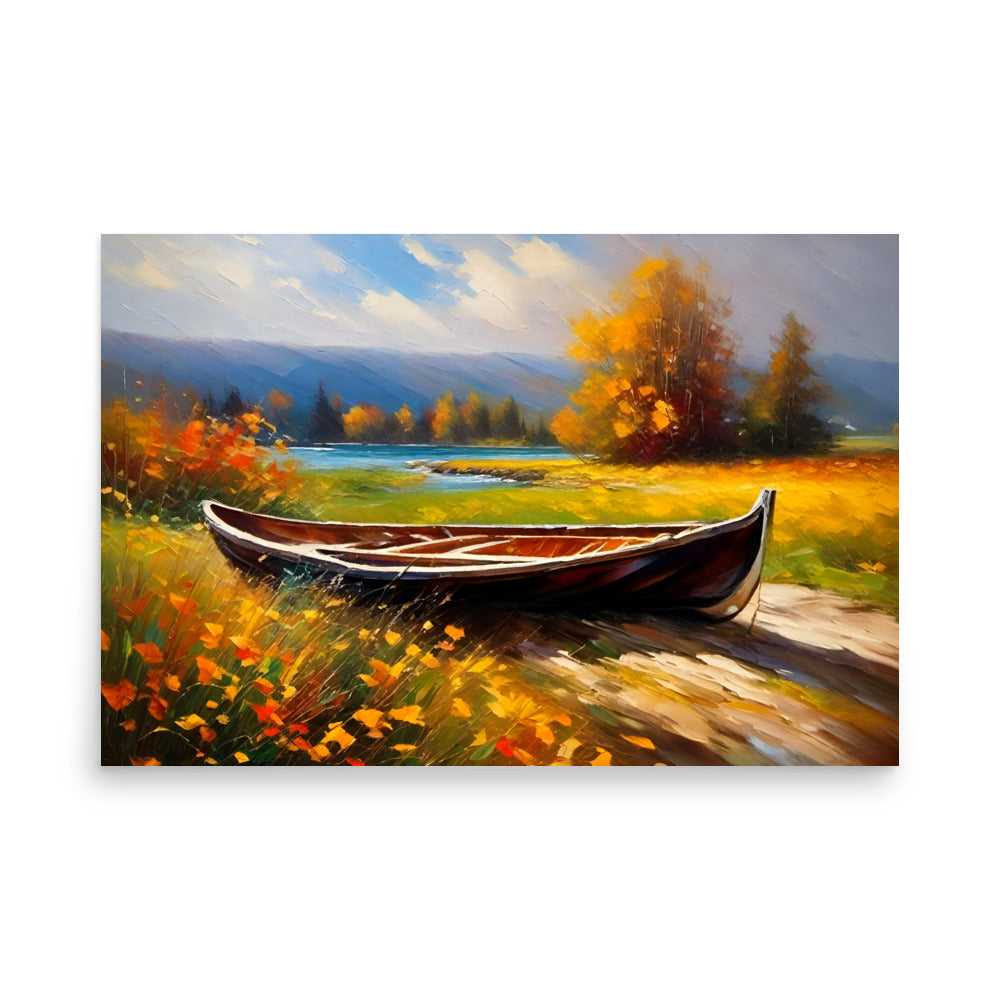 An old wooden canoe on the shore by a river, and bright flowers.