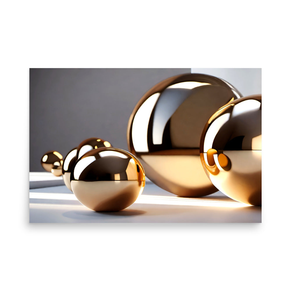Reflective golden spheres in a modern composition, with soft shadows for a mesmerizing art.