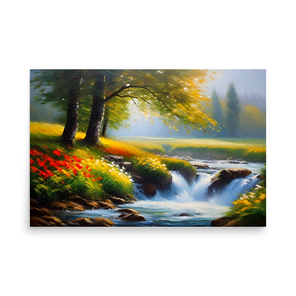 A peaceful landscape painting, with a cascade flowing by a golden leaved tree.