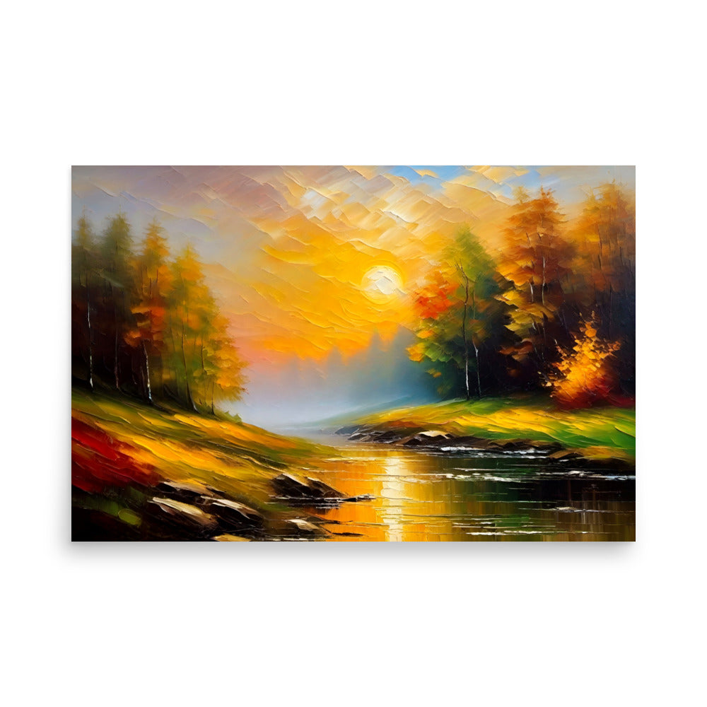 A river glows with the reflection of the colorful sunset clouds, a peaceful landscape painting.