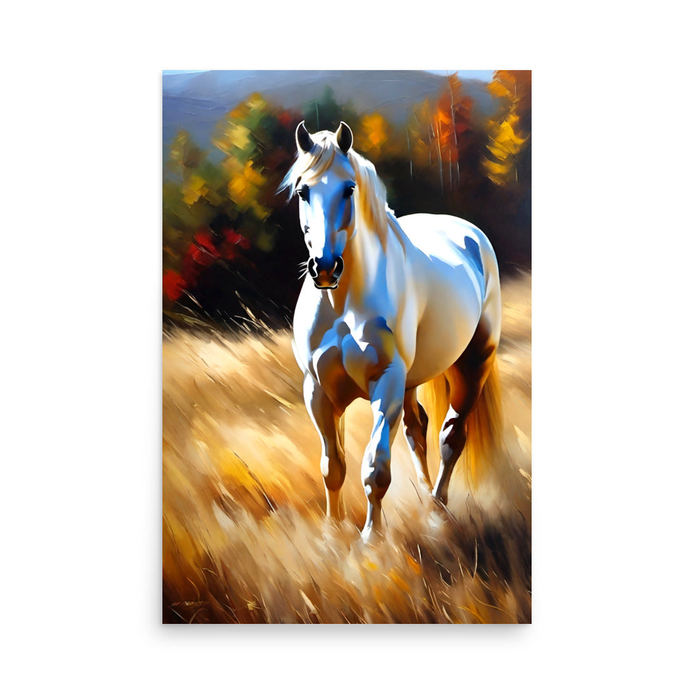 A beautiful white horse stands proudly in a sunlit meadow, autumn leaves glowing