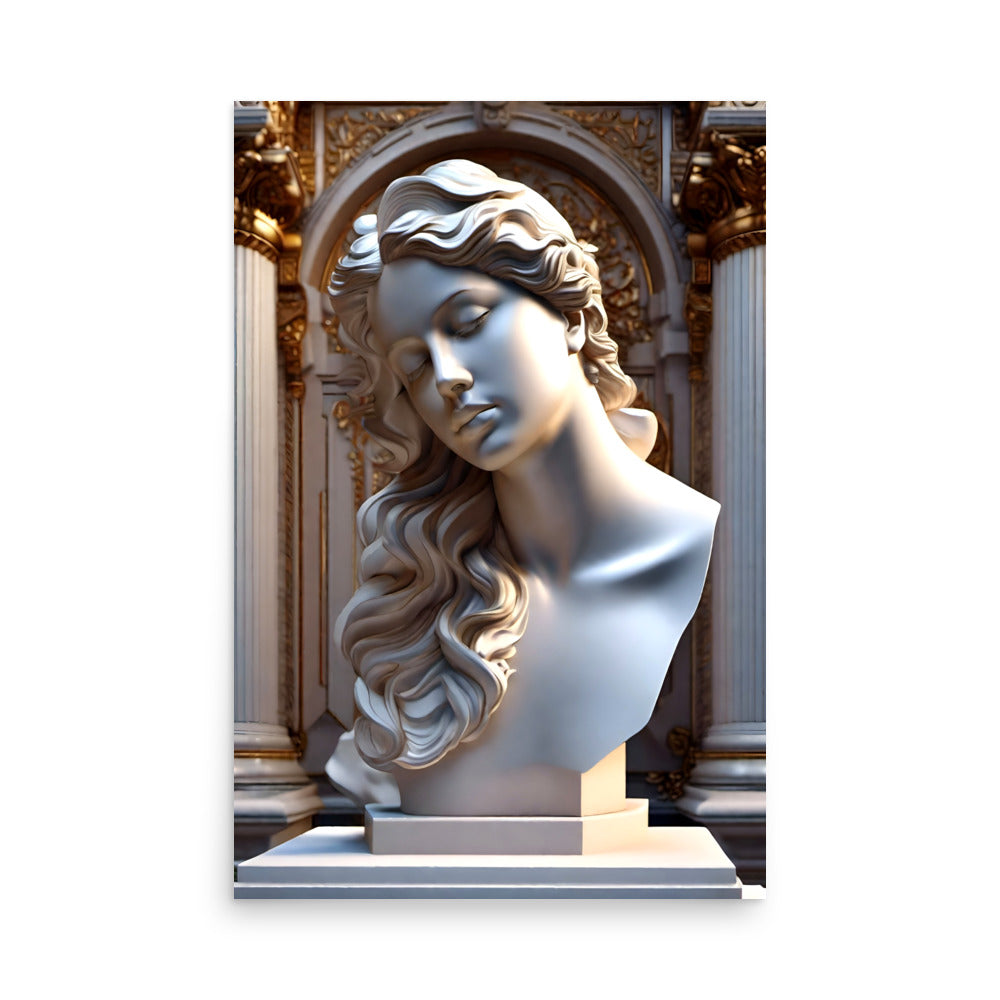 A classical sculpture of a woman's head with finely detailed wavy hair, with