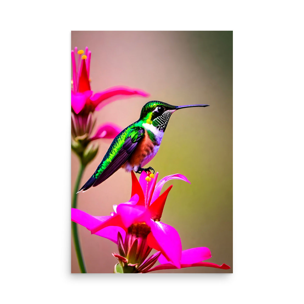 A colorful hummingbird is perched on a pink flower with it's vibrant shiny