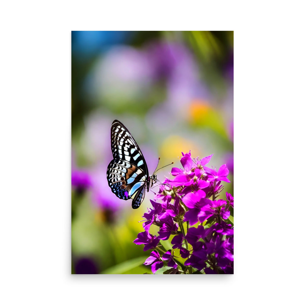 A delicate butterfly with intricate blue and black patterns on vibrant purple flowers,