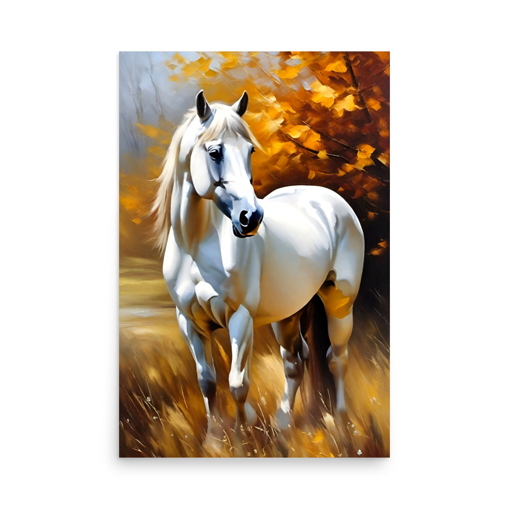 A white horse stands in autumn's glow. Its muscular form exudes grace. Rich hues cascade from branches above. Powerful stance meets rustling leaves below. Strength and serenity fuse in harmony.