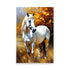 A white horse in a striking pose bathed in sunlight with autumn trees