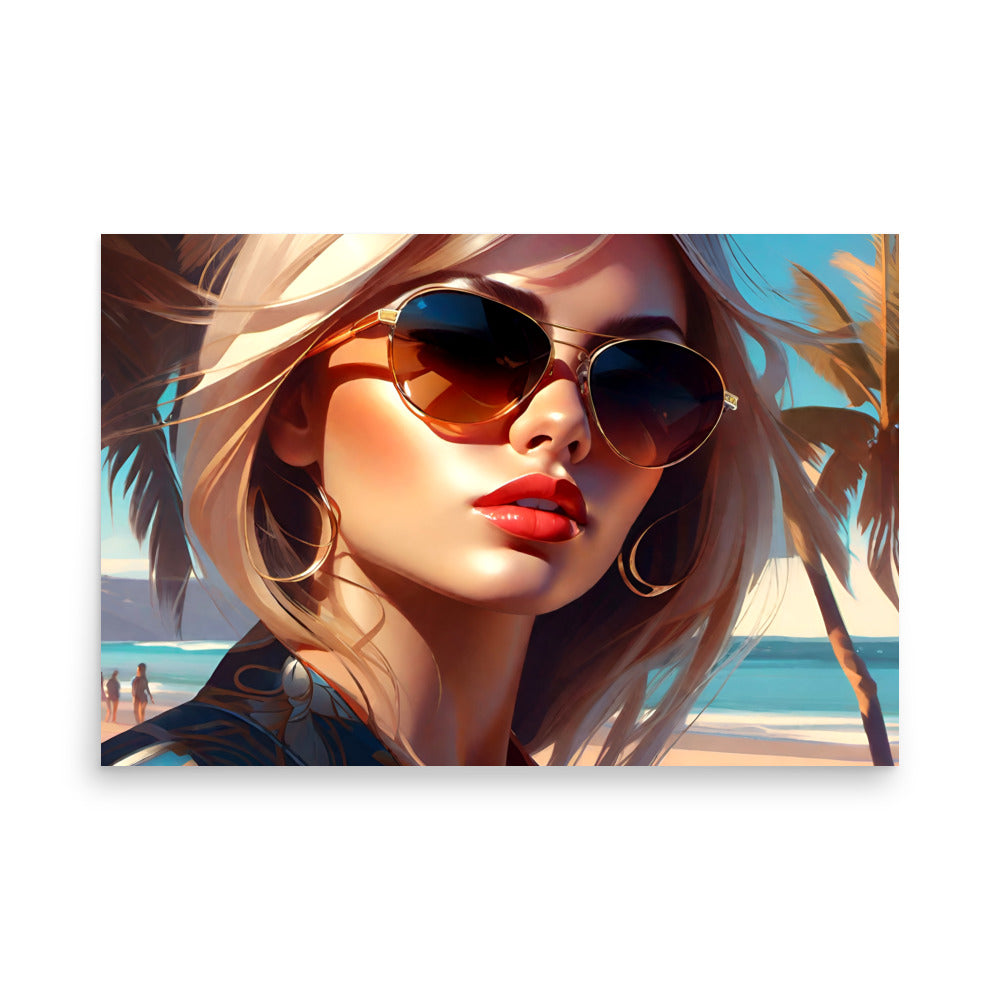A beautiful woman wearing aviator sunglasses with the sunlit beach and palms behind