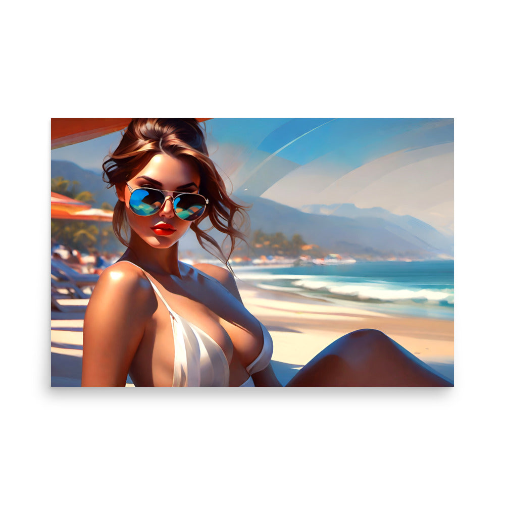 A chic woman in a white swimsuit sits beachside with her sunglasses reflecting