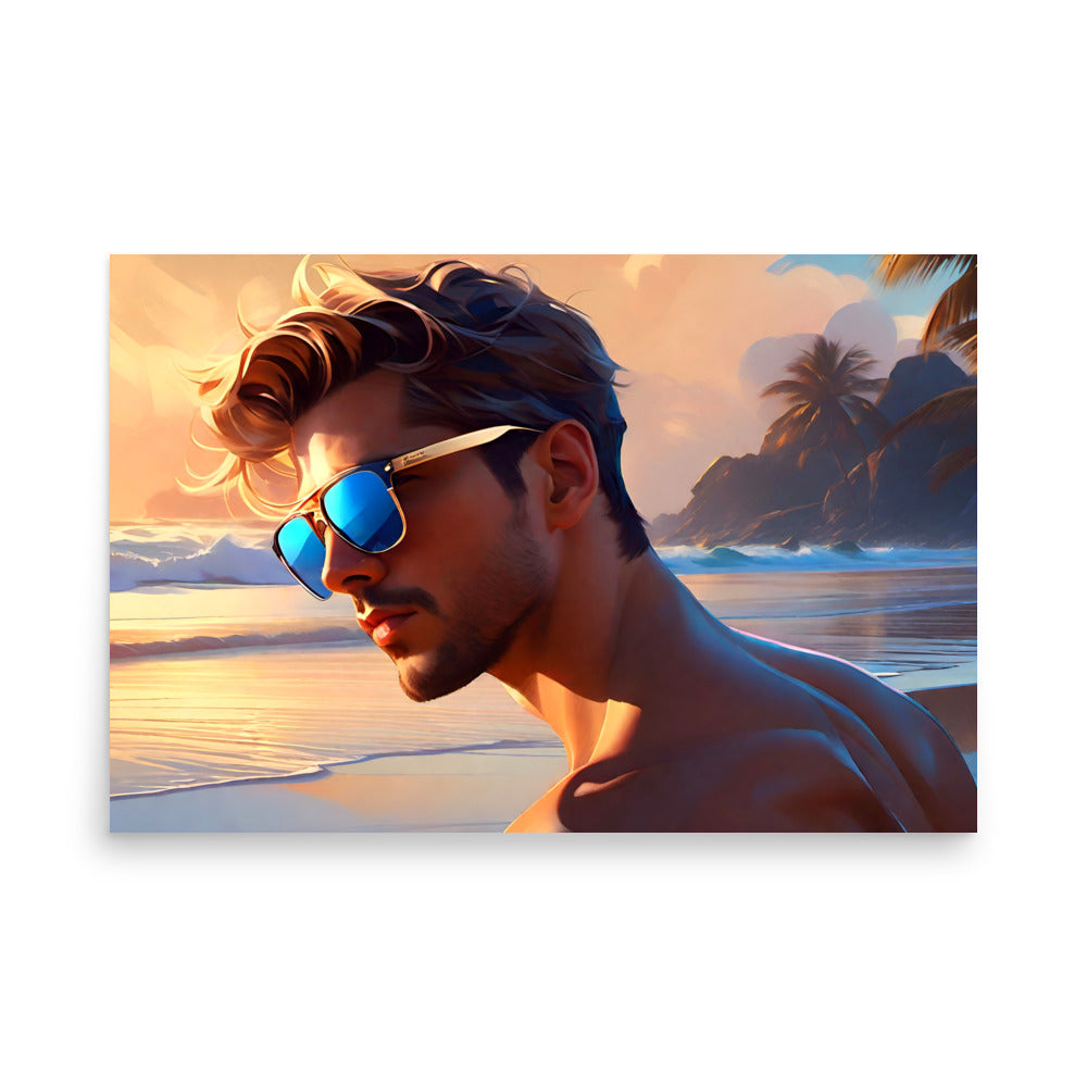 A good looking shirtless man is gazing down the beach, skin lit by